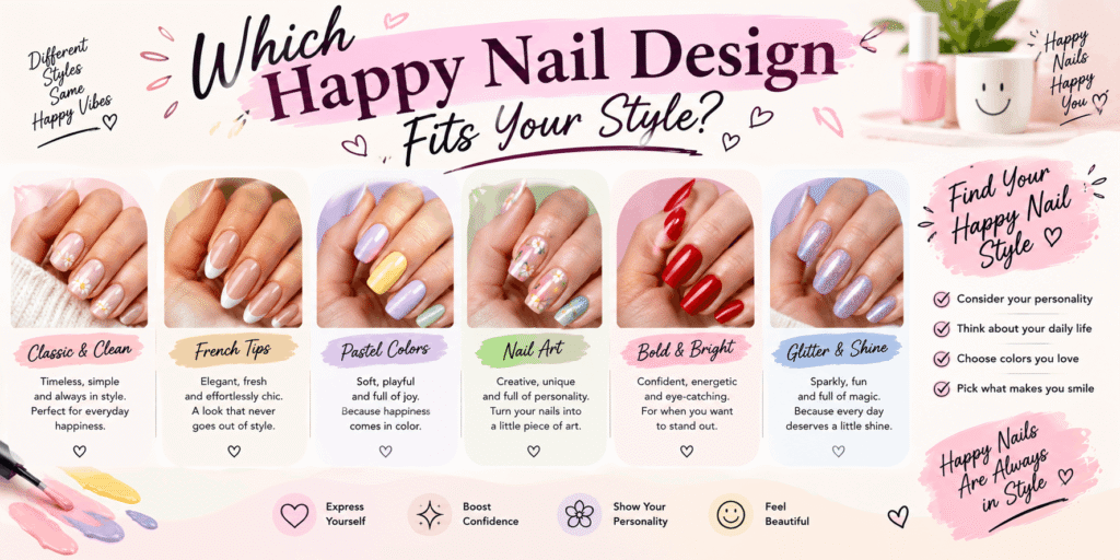 Different happy nail designs including classic, French tips, pastel, nail art, bold, and glitter styles