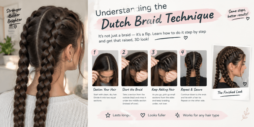 Understanding the Dutch braid technique with step-by-step hair sectioning, underhand braiding, and finished Dutch braids