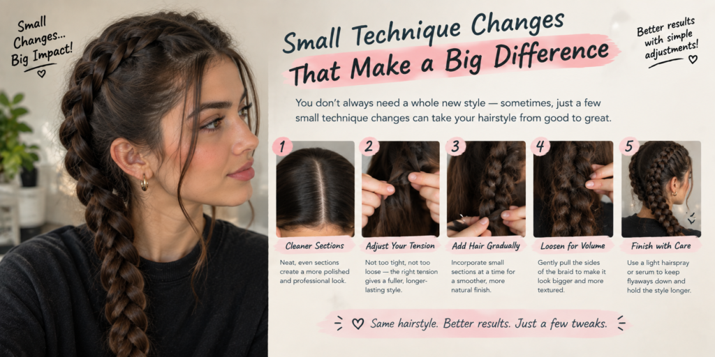 Small Dutch braid technique changes including cleaner sections, balanced tension, gradual hair additions, added volume, and careful finishing