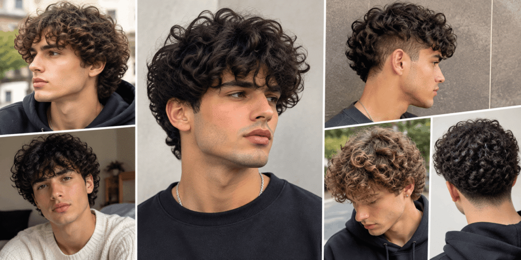 A realistic men’s haircare image featuring a man with naturally defined curls alongside several curly hairstyle options, including a curly fade, medium curls, curly fringe, man bun, and short curly top. The modern layout also highlights hydration, suitable hair products, gentle drying, regular trims, and ways to keep curls healthy and defined.