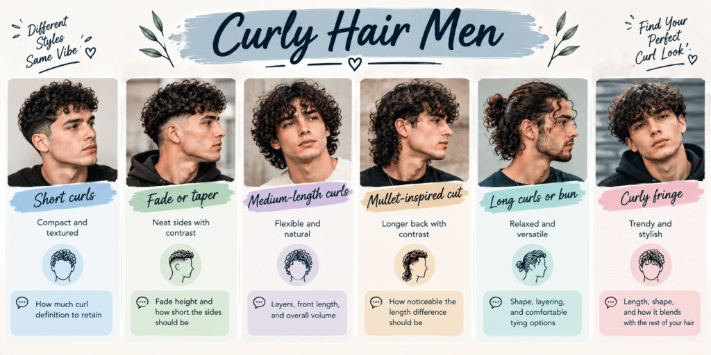 Six realistic men’s curly hairstyles including short curls, fade or taper, medium-length curls, mullet-inspired cut, long curls or bun, and curly fringe