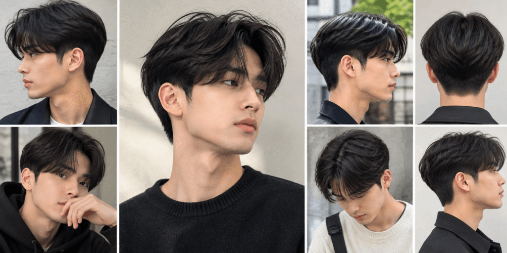 Realistic two block haircut for men with layered top, curtain fringe, tapered sides, and different hairstyle angles