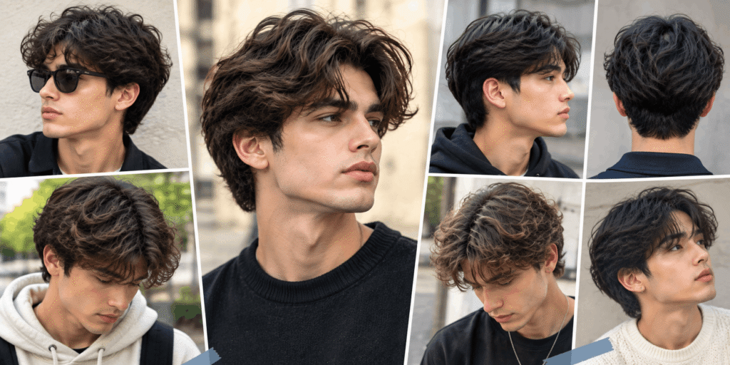 Realistic wavy hairstyles for boys featuring textured waves, layered cuts, natural volume, and modern styling