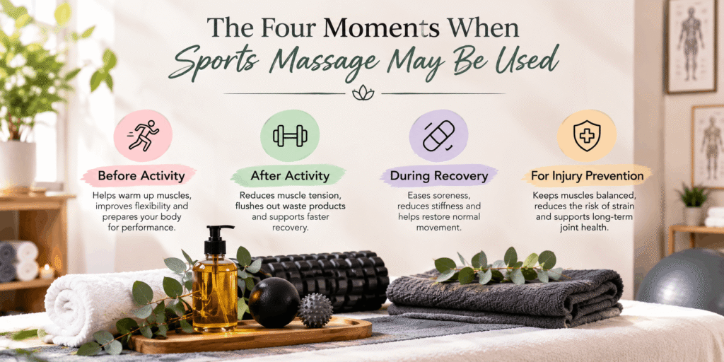 Realistic sports massage infographic showing four moments for using sports massage: before activity, after activity, during recovery, and for injury prevention, with massage towels, oil, therapy balls, and a foam roller.