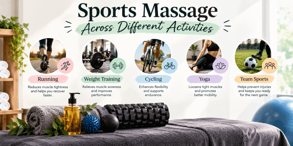 Sports massage infographic showing running, weight training, cycling, yoga, and team sports with massage oil, towels, therapy balls, and a foam roller.