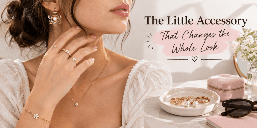 Elegant woman wearing delicate gold floral jewelry with rings, bracelet, necklace, and flower earrings beside a stylish jewelry arrangement.