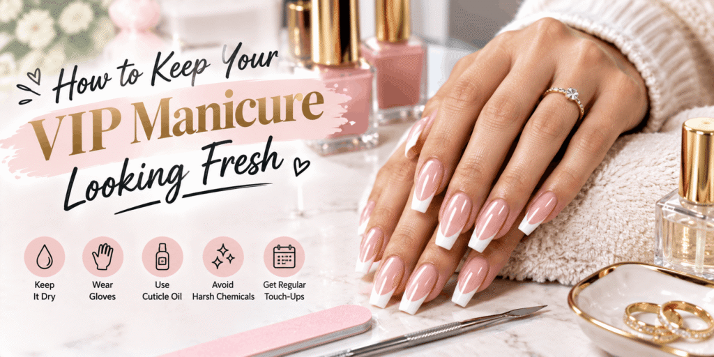 Woman’s glossy French tip manicure with cuticle oil, nail tools, and manicure care products.