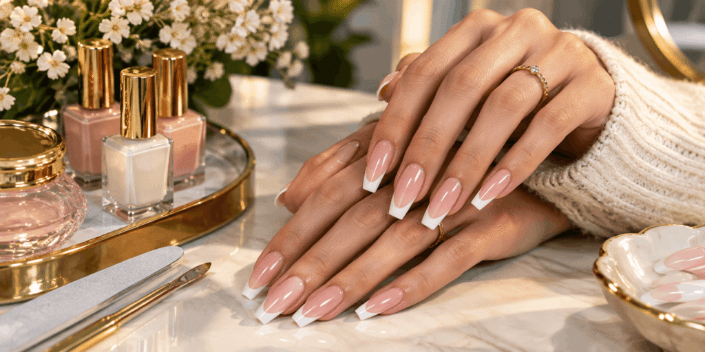 Realistic close-up of glossy nude and white French tip nails with gold rings, nail polish bottles, and manicure tools.