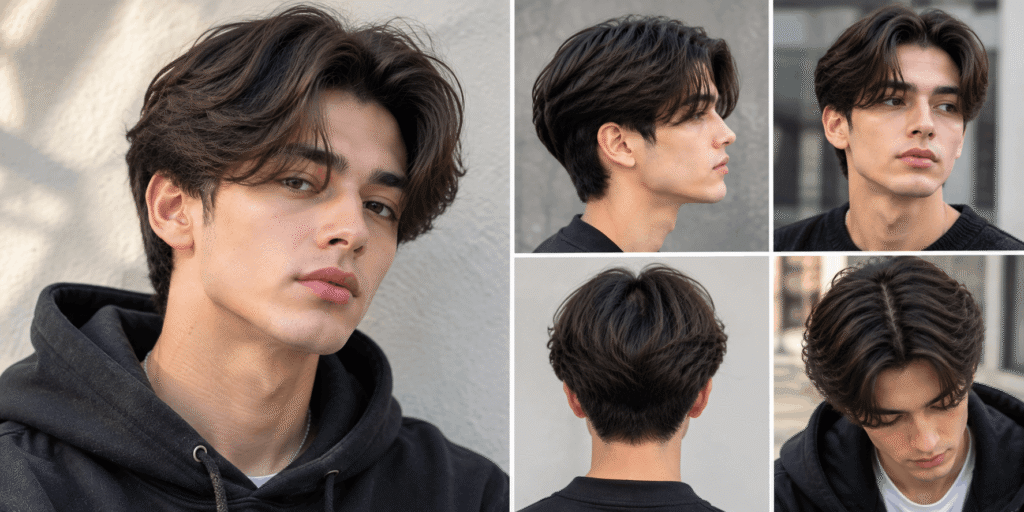 Realistic middle part haircut for men with layered dark hair, curtain bangs, and front, side, and back views