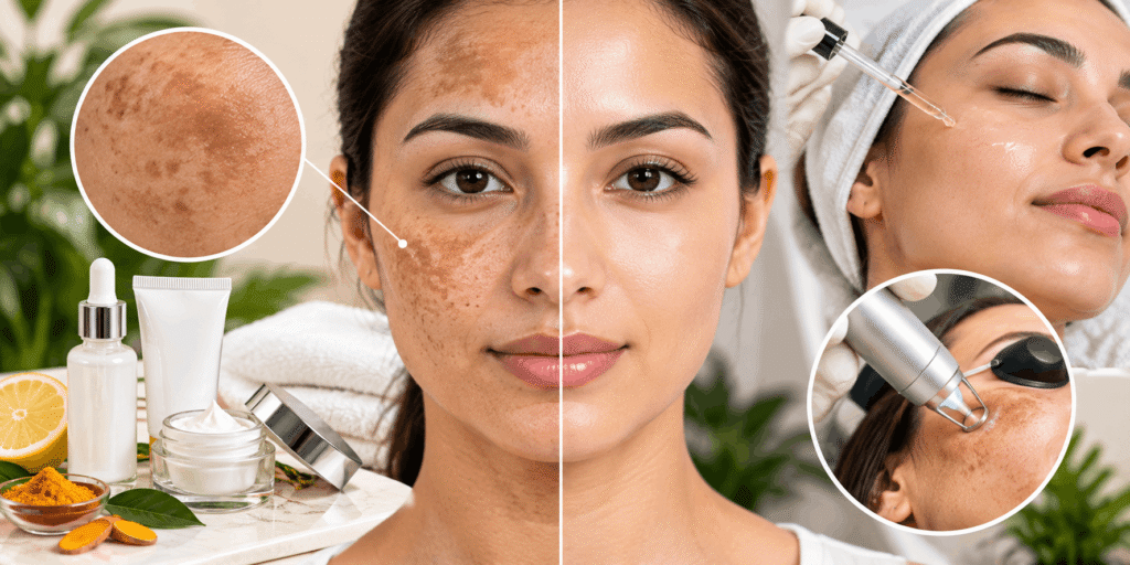 Realistic skincare image showing facial melasma, skincare products, serum application, and professional treatment.