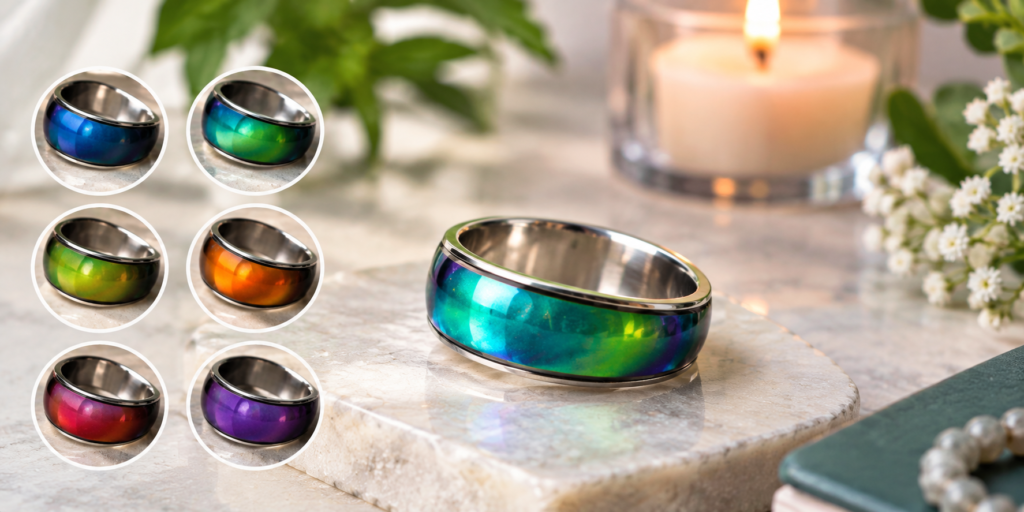 Color-changing mood ring displaying blue, green, orange, red, and purple shades