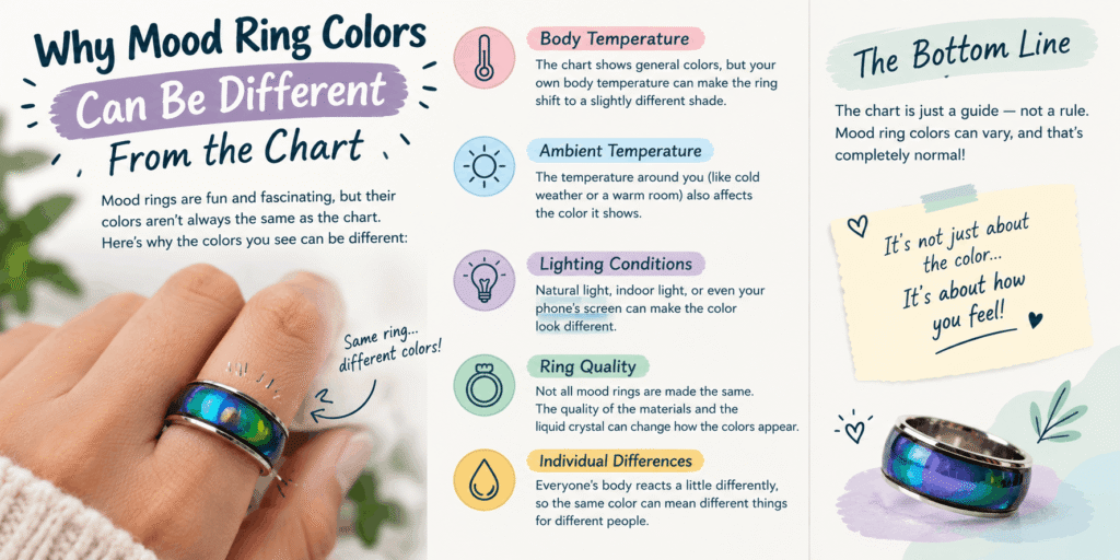 Why mood ring colors can differ from the chart due to temperature, lighting, ring quality, and individual differences