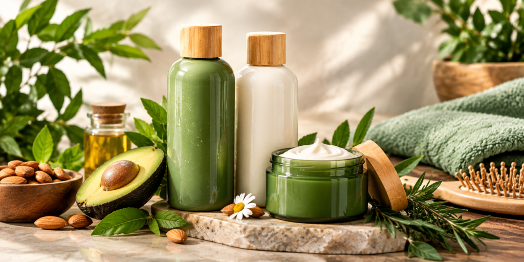 Natural hair care products with avocado, rosemary, almonds, hair cream, and botanical ingredients
