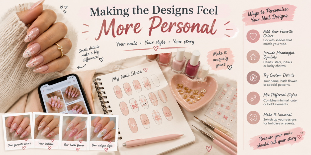 Realistic personalized nail art ideas featuring custom colors, bunny details, initials, meaningful symbols, floral accents, and unique manicure designs.