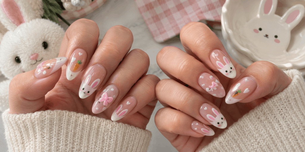 Funny bunny nails with cute bunny faces, pink ears, hearts, bows, and tiny carrot designs on glossy almond-shaped nails