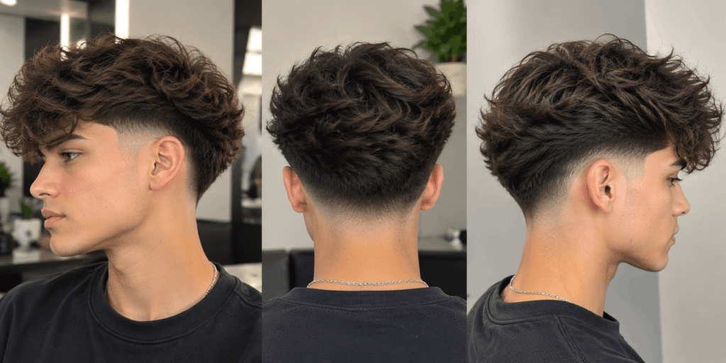 Blowout fade haircut with voluminous textured hair on top and a clean tapered fade on the sides and back