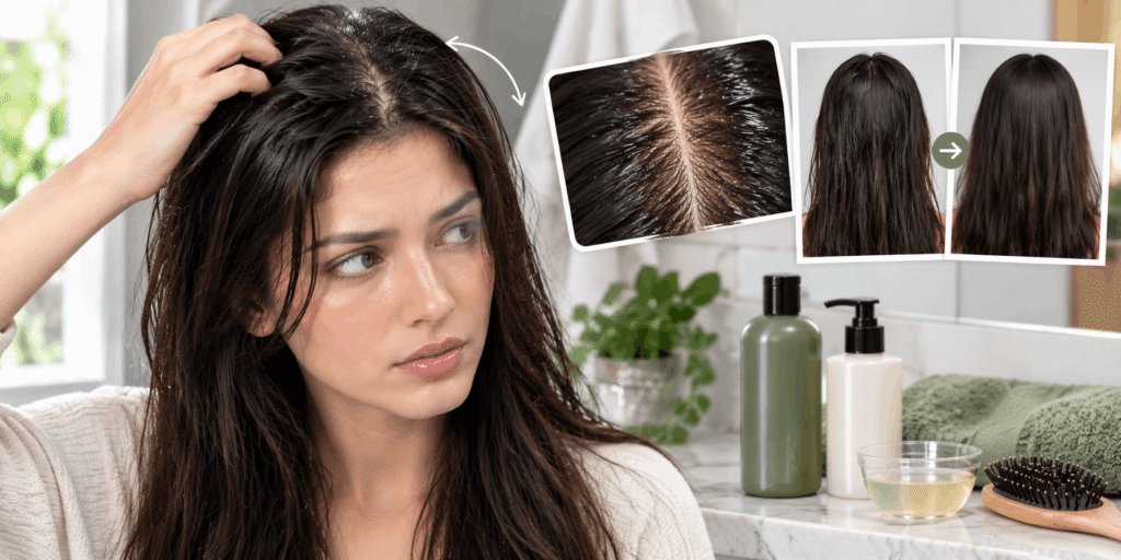 Realistic greasy hair with oily roots, scalp close-up, and haircare products in a bathroom setting