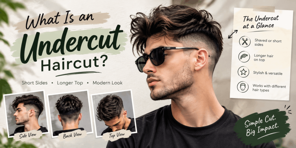 Wide hairstyle infographic explaining what an undercut haircut is, featuring a stylish man with textured longer hair on top and short shaved sides, plus side, back, and top views and key undercut features.