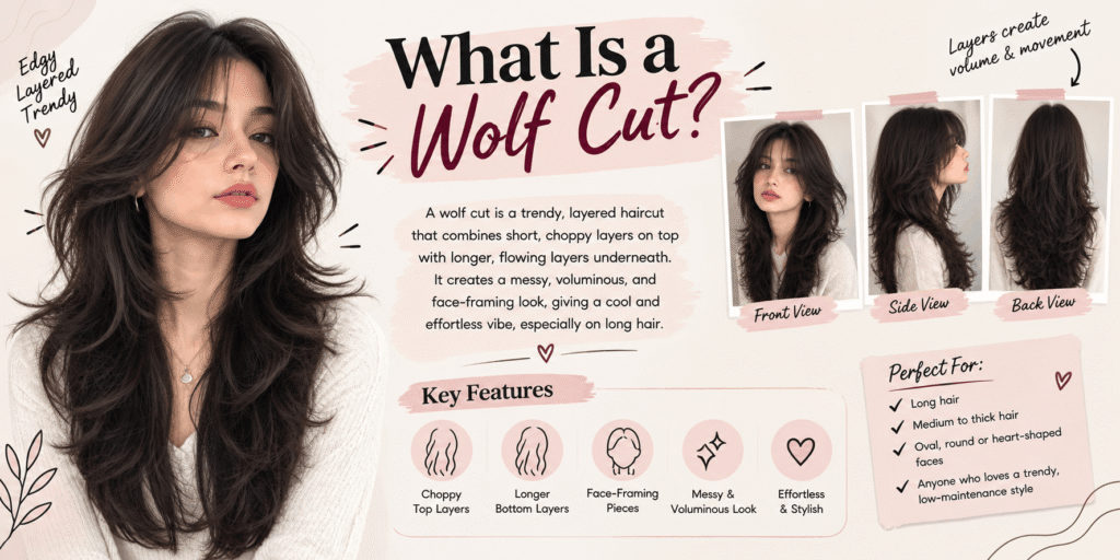 A long wolf cut hairstyle for women with choppy layers, face-framing pieces, textured ends, and added volume, shown from front, side, and back views.