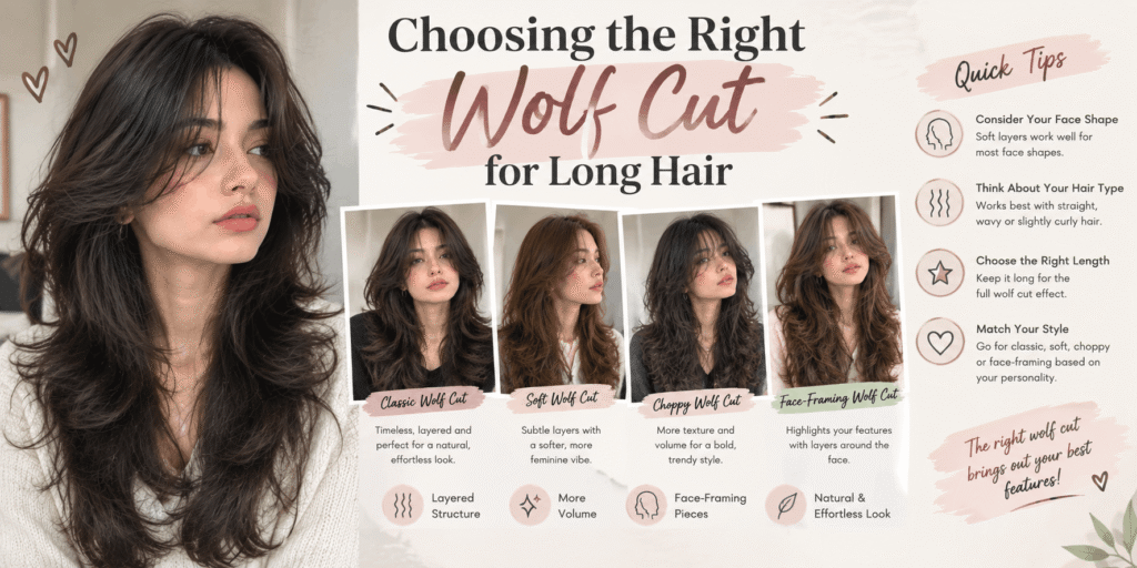 Woman with long layered wolf cut hair shown alongside classic, soft, choppy, and face-framing wolf cut styles with tips for choosing the right look.