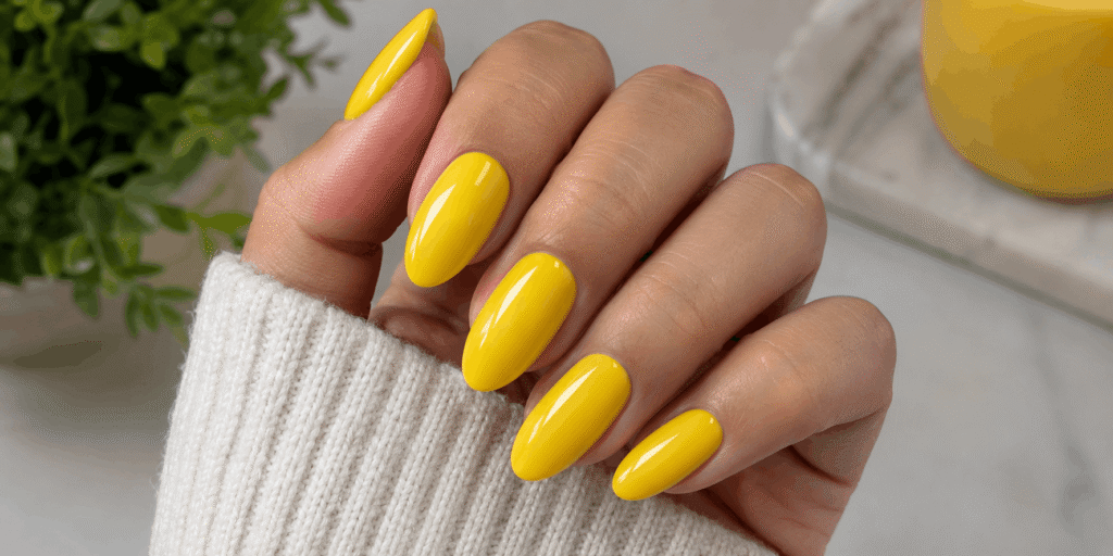 Realistic close-up of a hand with glossy bright yellow almond-shaped nails, wearing a cream knit sweater, photographed in natural soft lighting with a softly blurred neutral background and greenery.