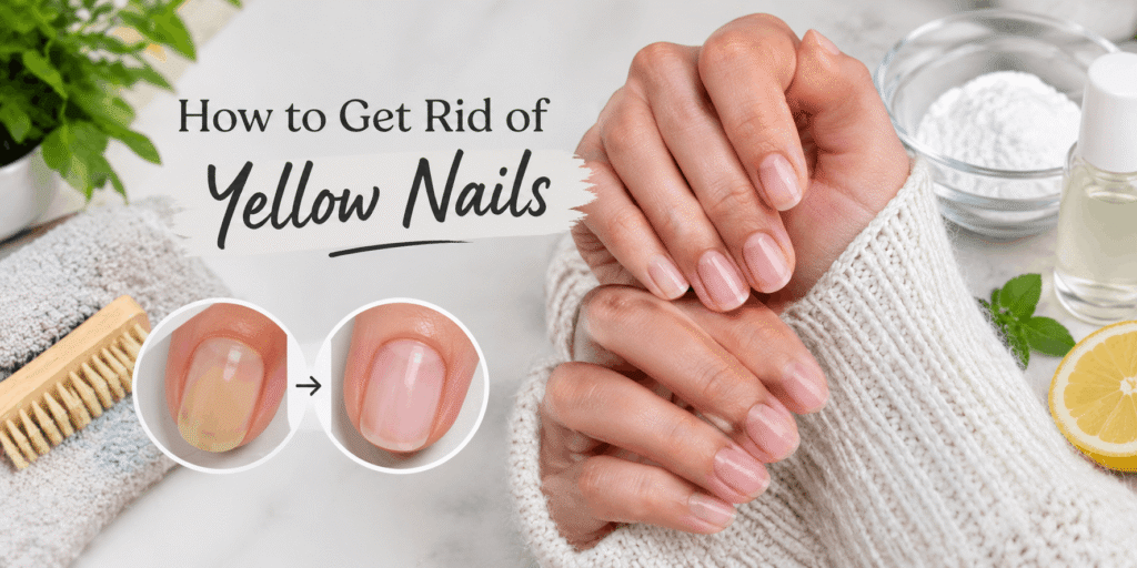 A realistic nail-care image showing natural pink nails, a before-and-after comparison of discolored and healthy-looking nails, with a nail brush, baking soda, lemon, and skincare items in a bright neutral setting.