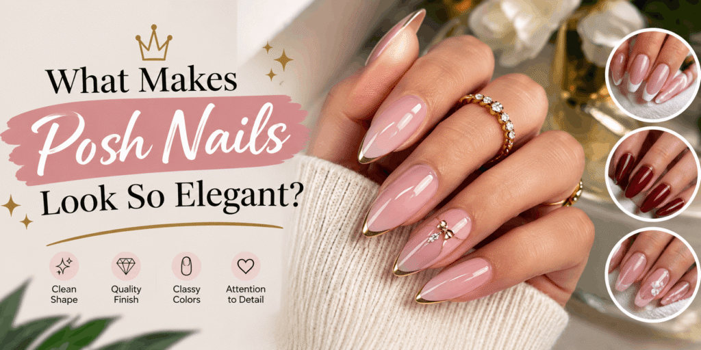 Elegant posh almond nails with glossy pink polish, gold tips, delicate jewelry accents, and luxury nail design inspiration.