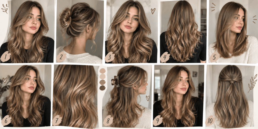 Collage showing 10 dark blonde hair ideas including long waves, layered styles, half-up hairstyles, soft highlights, sleek looks, and textured updos.