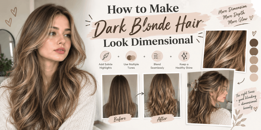 Woman with dimensional dark blonde hair featuring subtle highlights, multiple blended tones, soft waves, and a before-and-after comparison.