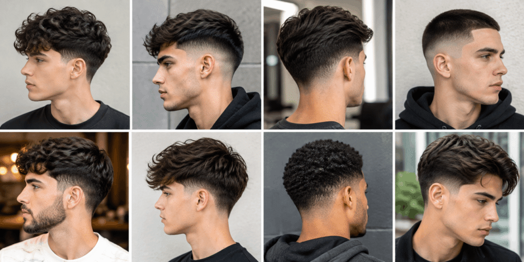 A collage showing different men's taper and fade haircuts, including curly, textured, short, and blended styles from multiple angles.
