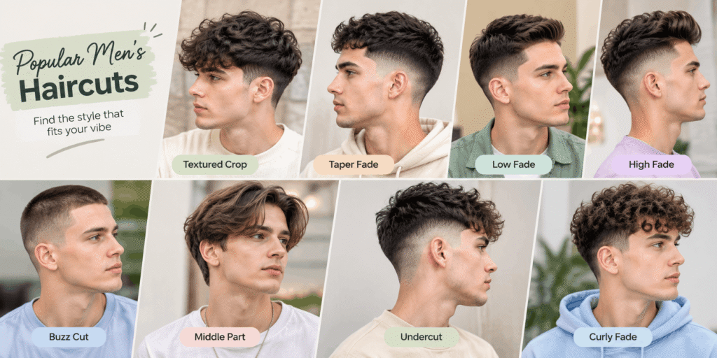 Popular men's haircut collage featuring textured crop, taper fade, low fade, high fade, buzz cut, middle part, undercut, and curly fade styles.