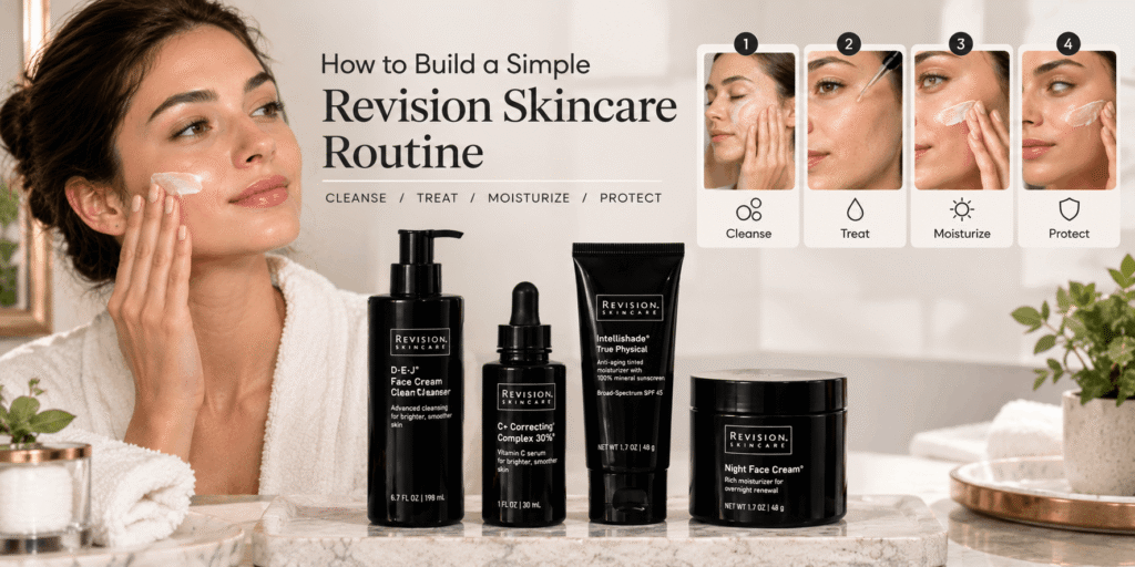 Simple Revision Skincare routine featuring cleanser, treatment serum, moisturizer, and sunscreen steps with skincare products and a woman applying face cream.