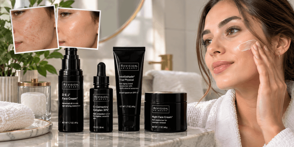Revision Skincare products arranged on a marble vanity beside a woman applying face cream, with skincare close-ups and a clean, luxurious bathroom setting.