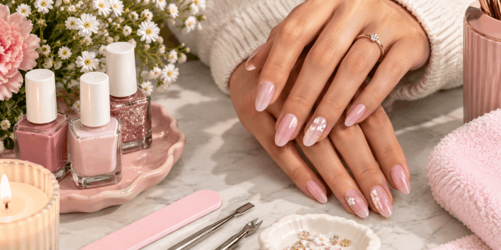 Glossy pink almond-shaped nails with delicate floral nail art, surrounded by pink nail polish bottles, manicure tools, flowers, and soft beauty accessories.