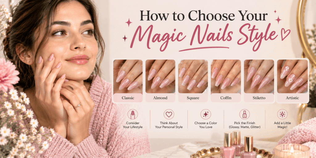 Beauty guide showing different magic nail styles including classic, almond, square, coffin, stiletto, and artistic designs with tips for choosing a manicure style.