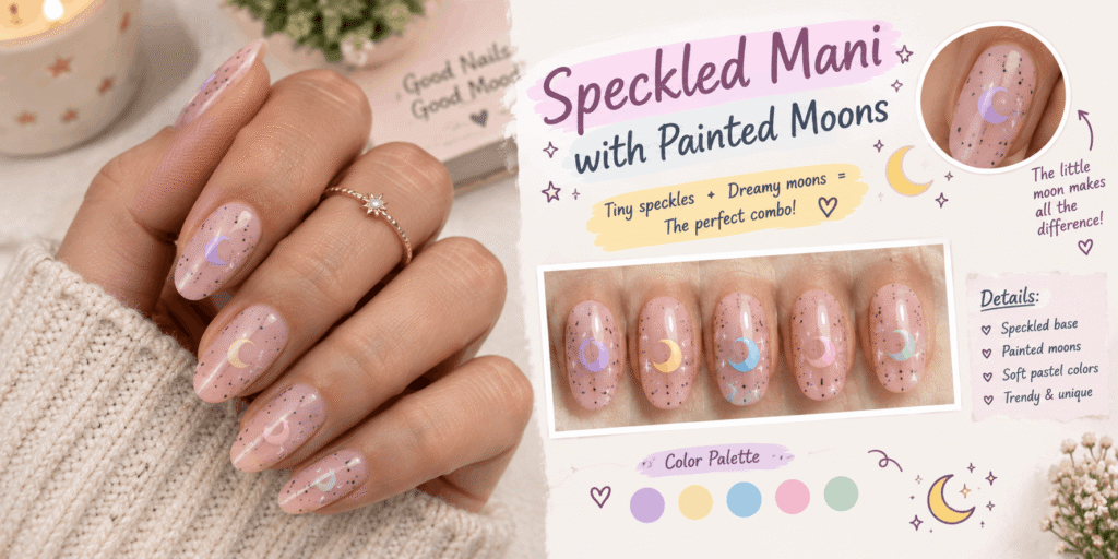 Glossy nude-pink speckled manicure featuring colorful pastel crescent moons, tiny star details, and almond-shaped nails.