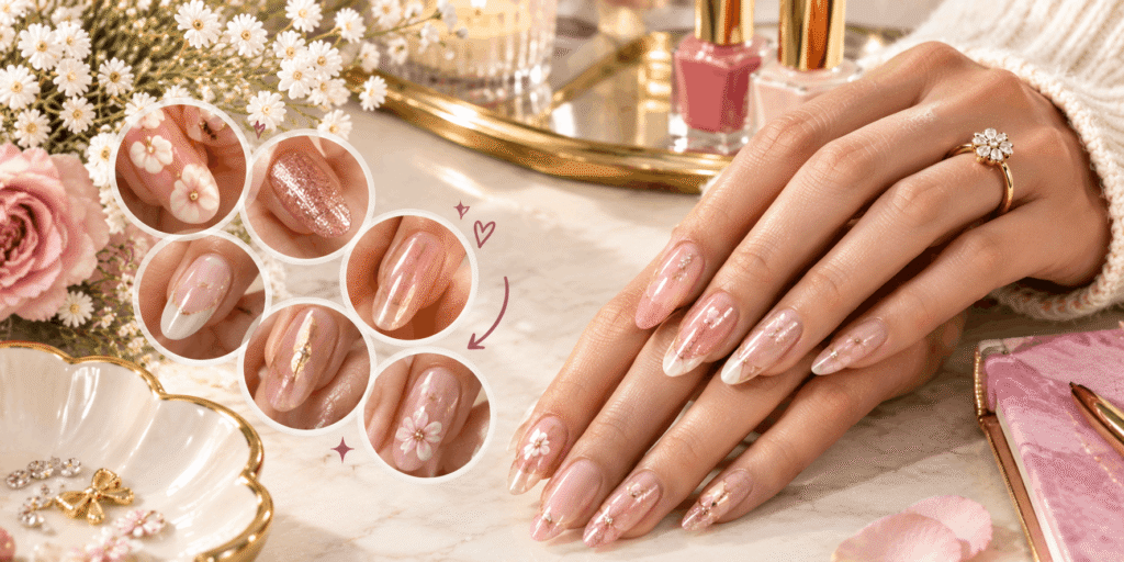 Elegant fancy nail designs featuring glossy pink almond nails with floral details, glitter, gold accents, rhinestones, and delicate nail art.