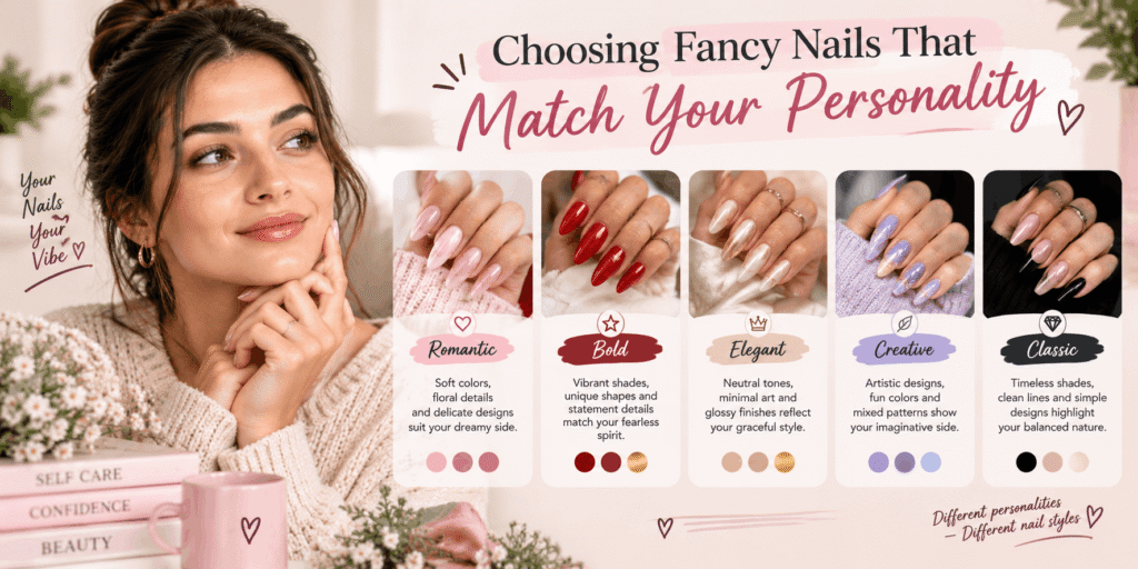 Fancy nail style guide showing romantic, bold, elegant, creative, and classic manicure designs with different colors, shapes, and decorative details.