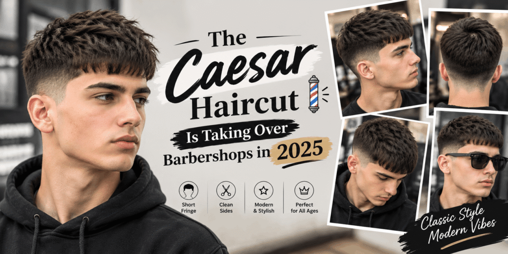 Wide Caesar haircut graphic featuring a young man with a textured crop and short fringe, plus multiple side and back views of the hairstyle and the text “The Caesar Haircut Is Taking Over Barbershops in 2025.”