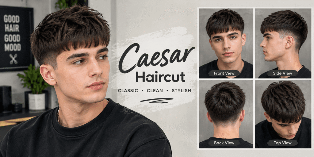 Modern Caesar haircut on a man featuring a short textured top, straight fringe, tapered sides, and clean front, side, back, and top views.