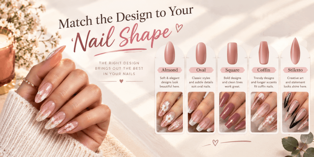 Nail shape guide showing almond, oval, square, coffin, and stiletto nails with matching manicure designs and styling ideas.