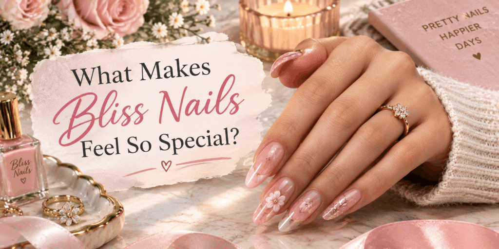 Elegant bliss nails featuring glossy pink almond-shaped nails, delicate floral art, gold accents, subtle glitter, and a luxurious beauty setting.
