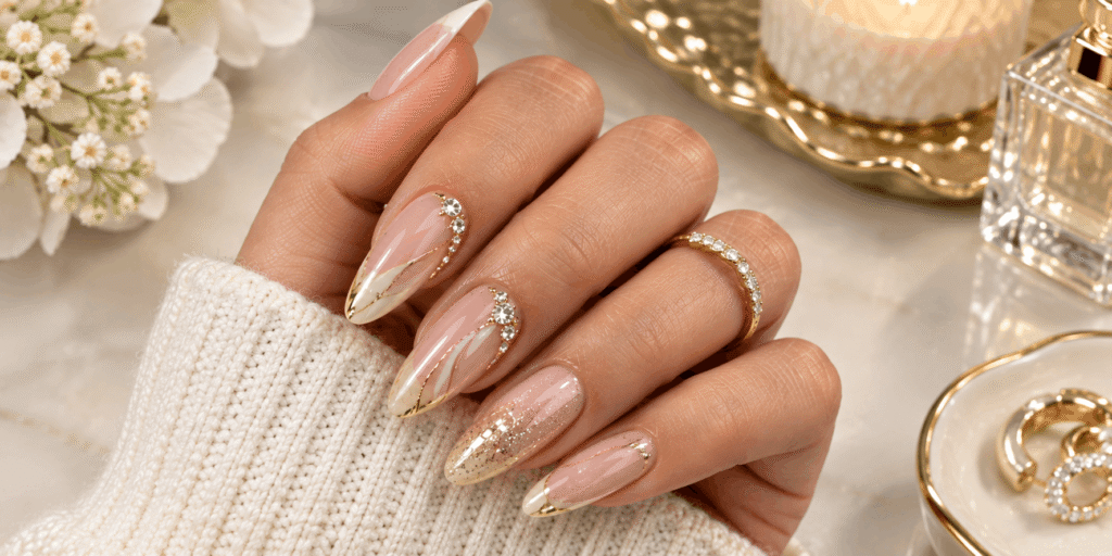 Elegant lavish nails featuring long almond-shaped nails with nude, ivory, gold details, glitter, and delicate rhinestone accents.