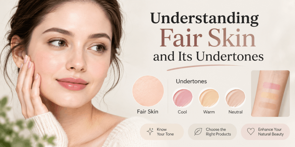 Realistic beauty image showing fair skin with cool, warm, and neutral undertone examples, including skin swatches and a close-up portrait.