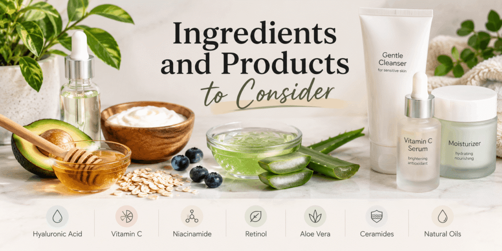 Skincare ingredients and products to consider, featuring vitamin C serum, moisturizer, gentle cleanser, aloe vera, honey, oats, avocado, and other natural skincare ingredients.