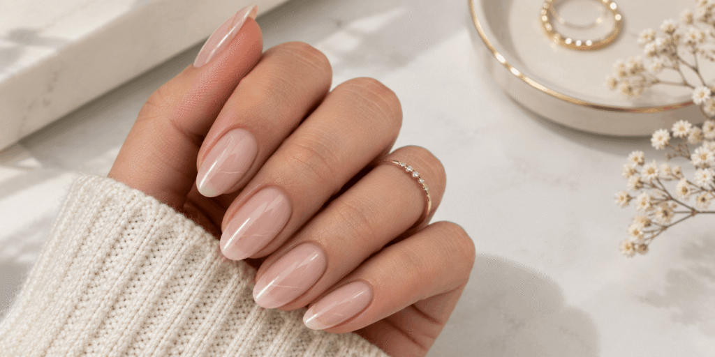 Minimalist nude almond nails with glossy finishes and delicate thin line details in a soft neutral setting.
