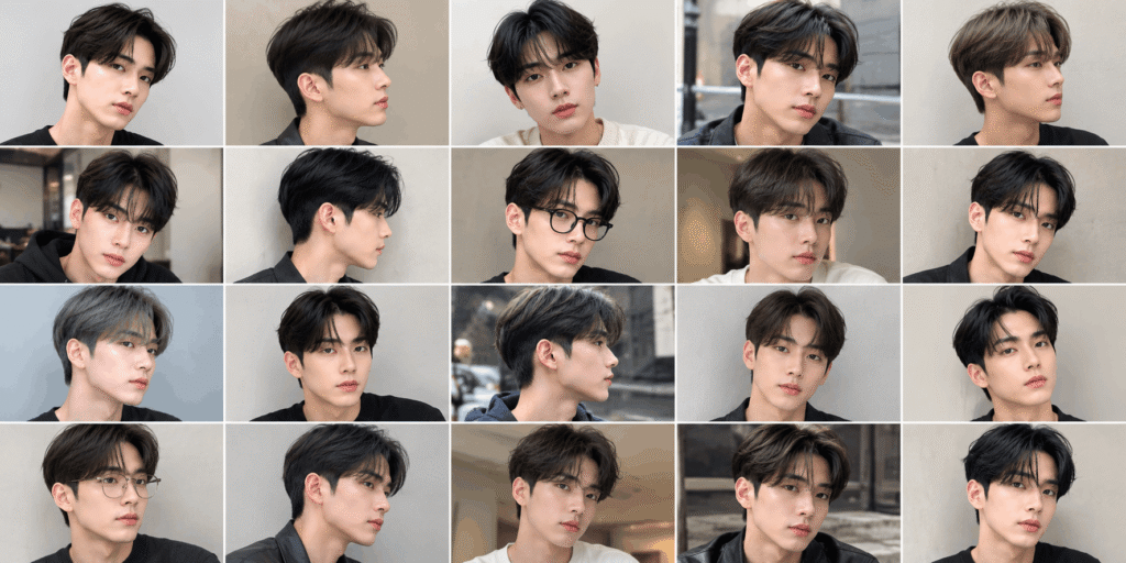 Collage of 20 realistic 2 block haircut styles shown from the front, featuring different textures, bangs, lengths, colors, and styling variations.