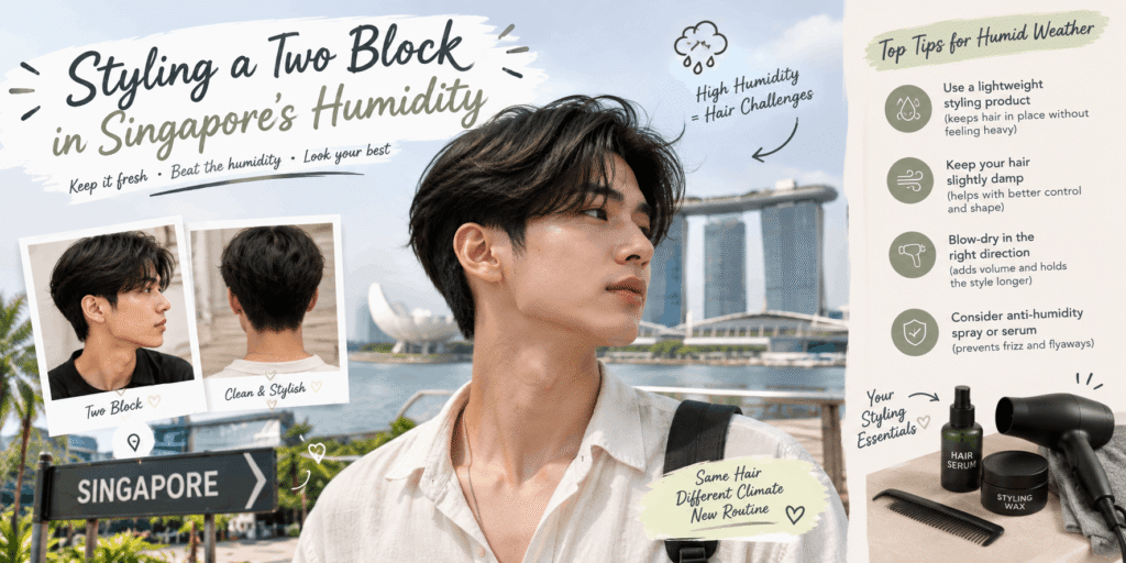 Realistic two-block haircut styled for Singapore’s humid weather, with a modern men’s hairstyle, Singapore skyline, and humidity-friendly hair products.