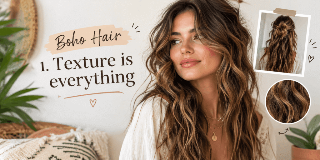 Woman with voluminous textured boho waves in a warm, natural beauty setting