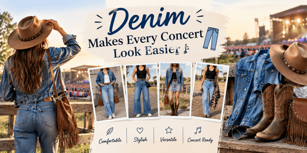 Realistic country concert fashion scene featuring denim jackets, jeans, cowboy hats, boots, fringe bags, and multiple casual denim outfit ideas.